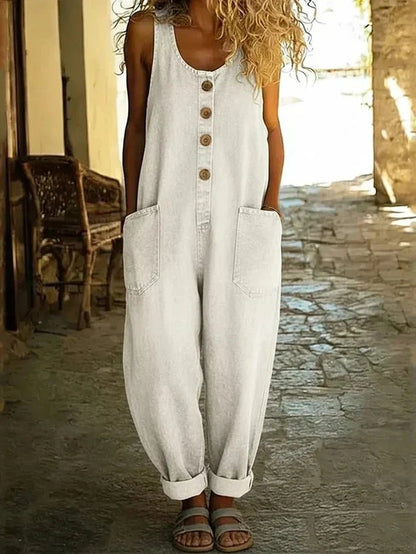 Effortless Denim Overalls for Women with Scoop Neck Sleeveless Button Front Wide Leg Casual Style