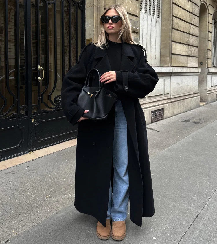 Women's Black Belted Wrap Wool Coat