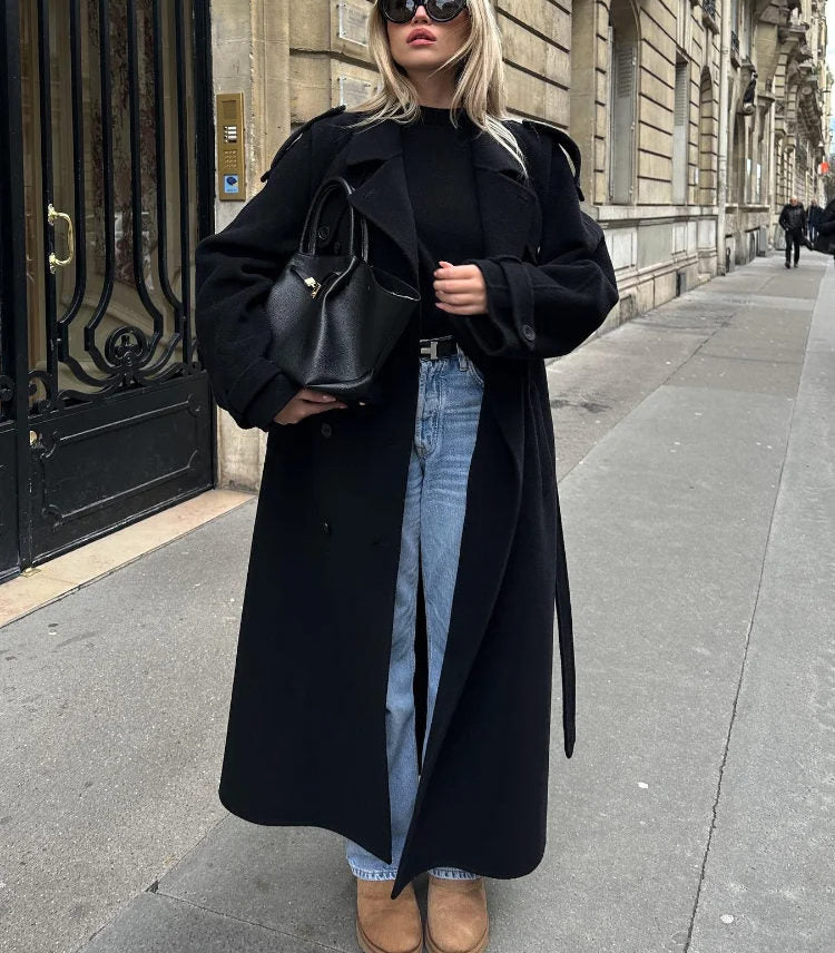 Women's Black Belted Wrap Wool Coat