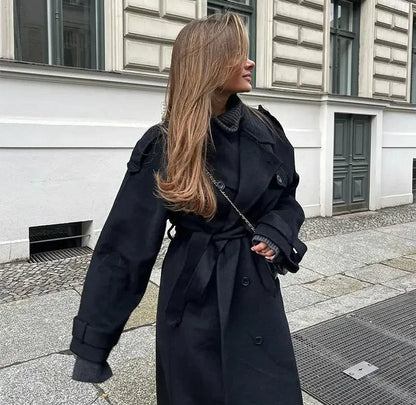 Women's Black Belted Wrap Wool Coat