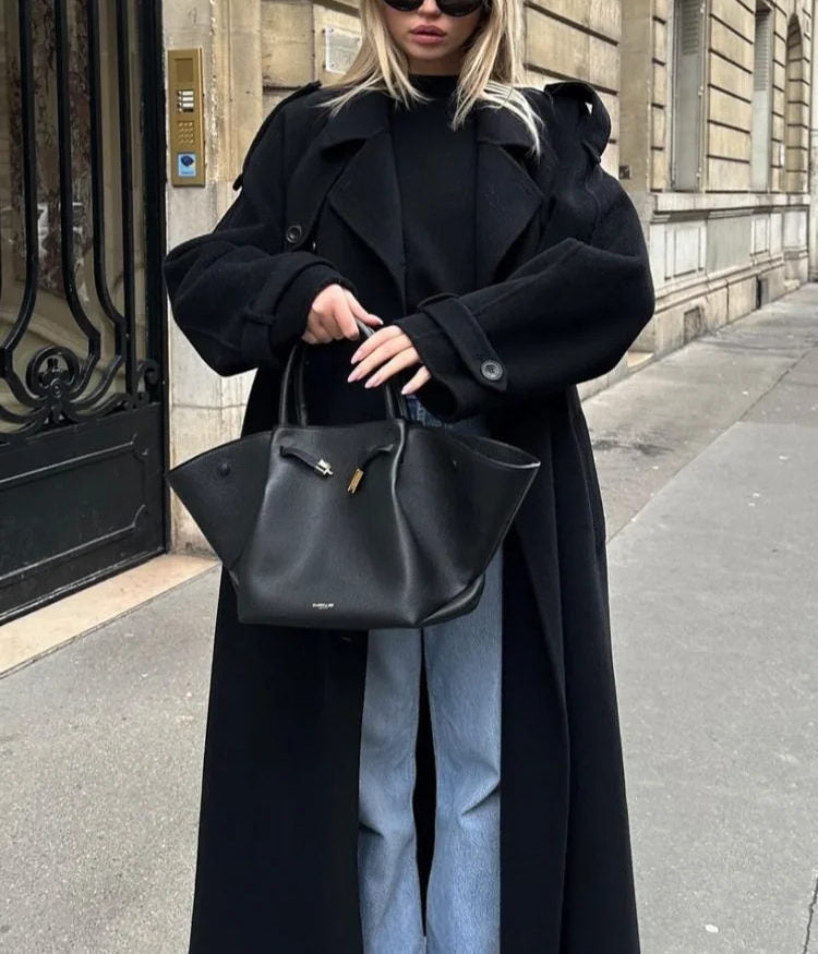 Women's Black Belted Wrap Wool Coat