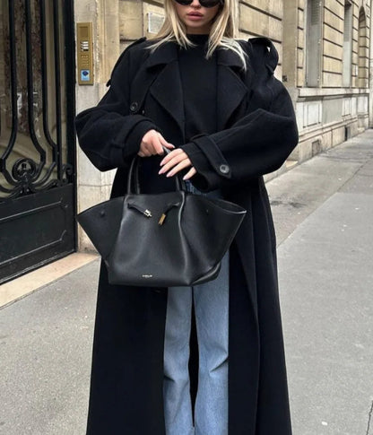 Women's Black Belted Wrap Wool Coat