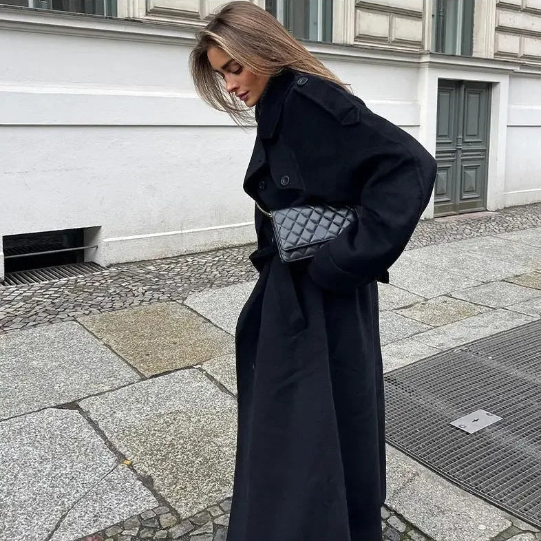 Women's Black Belted Wrap Wool Coat