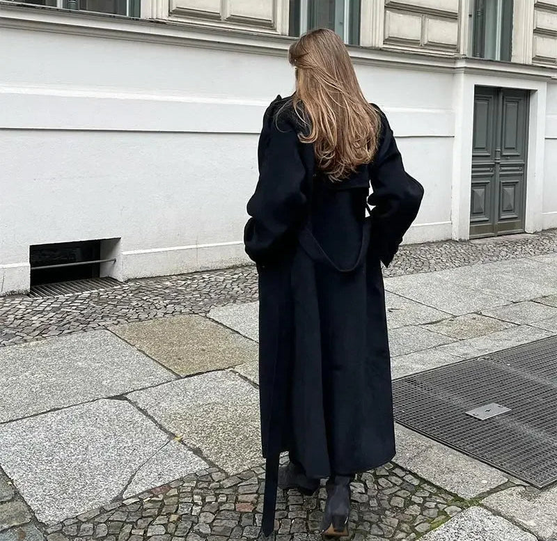 Women's Black Belted Wrap Wool Coat