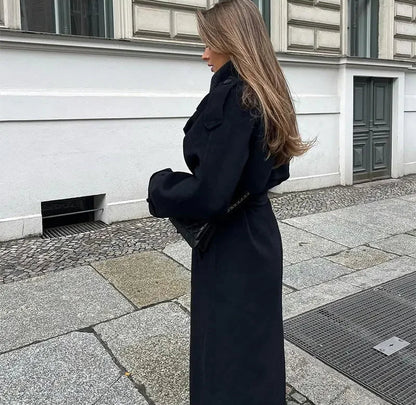 Women's Black Belted Wrap Wool Coat