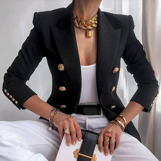 Elegant Tailored Blazer for Women with Peak Lapel Long Sleeve Double Breasted Structured Style