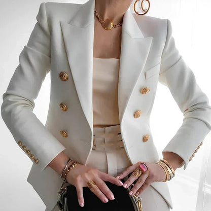 Elegant Tailored Blazer for Women with Peak Lapel Long Sleeve Double Breasted Structured Style