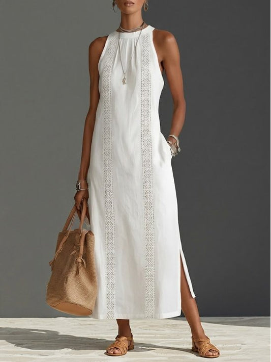 Effortless Linen Lace Maxi Dress for Women with High Neck Sleeveless Crochet Trim Side Slit Bohemian Style