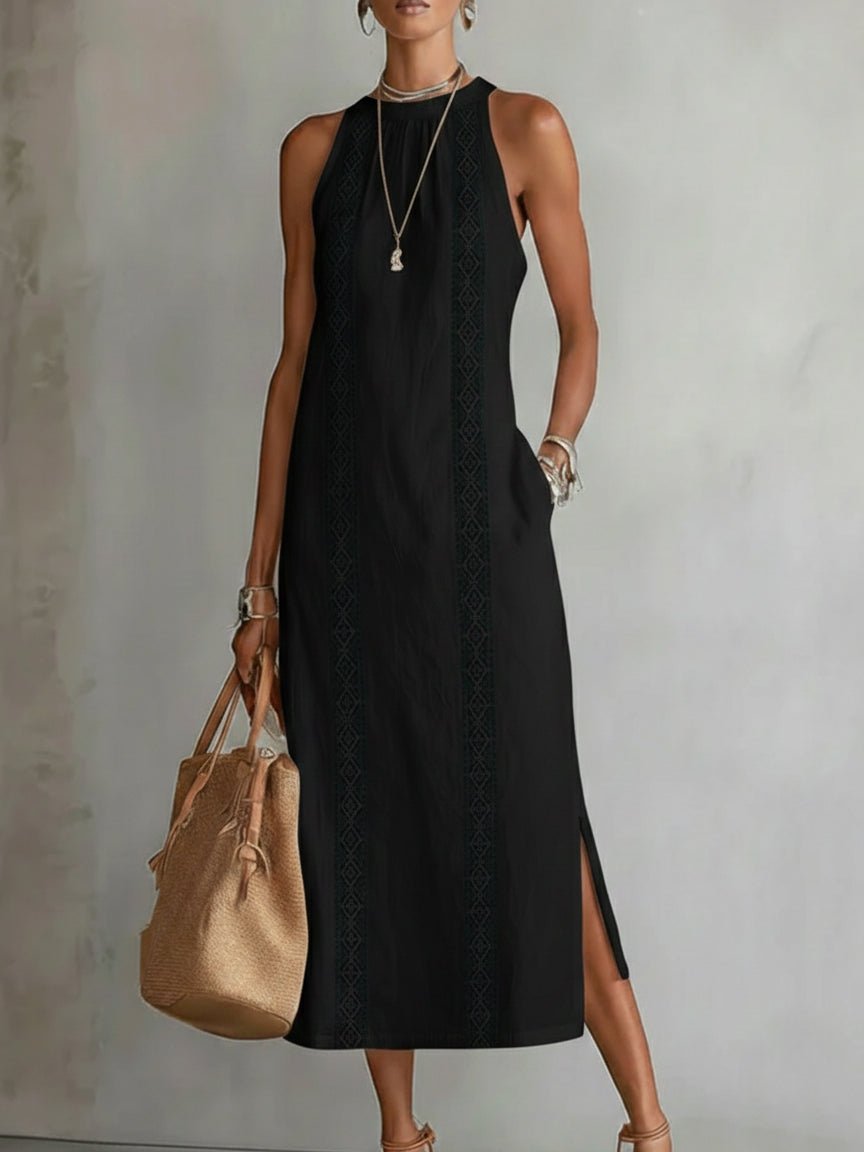 Effortless Linen Lace Maxi Dress for Women with High Neck Sleeveless Crochet Trim Side Slit Bohemian Style