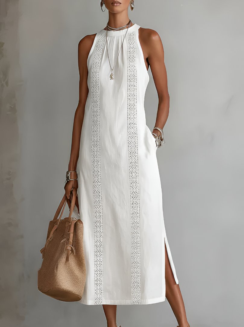 Effortless Linen Lace Maxi Dress for Women with High Neck Sleeveless Crochet Trim Side Slit Bohemian Style