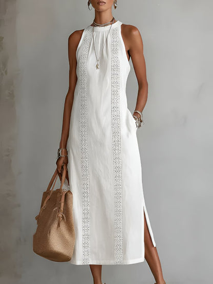 Effortless Linen Lace Maxi Dress for Women with High Neck Sleeveless Crochet Trim Side Slit Bohemian Style