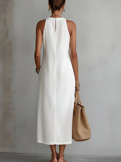 Effortless Linen Lace Maxi Dress for Women with High Neck Sleeveless Crochet Trim Side Slit Bohemian Style