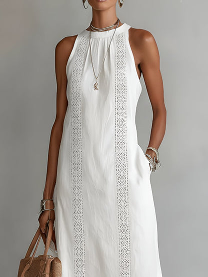 Effortless Linen Lace Maxi Dress for Women with High Neck Sleeveless Crochet Trim Side Slit Bohemian Style