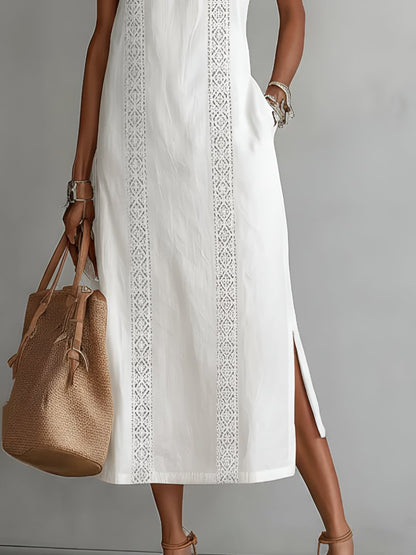 Effortless Linen Lace Maxi Dress for Women with High Neck Sleeveless Crochet Trim Side Slit Bohemian Style