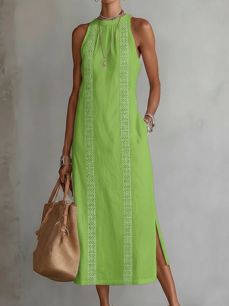 Effortless Linen Lace Maxi Dress for Women with High Neck Sleeveless Crochet Trim Side Slit Bohemian Style