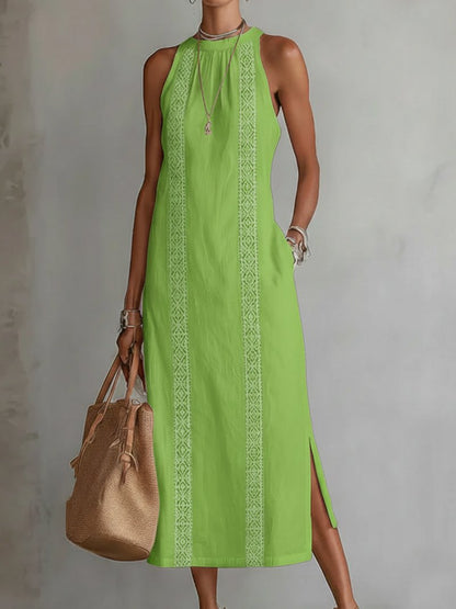 Effortless Linen Lace Maxi Dress for Women with High Neck Sleeveless Crochet Trim Side Slit Bohemian Style