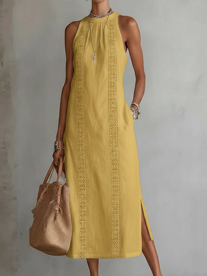 Effortless Linen Lace Maxi Dress for Women with High Neck Sleeveless Crochet Trim Side Slit Bohemian Style