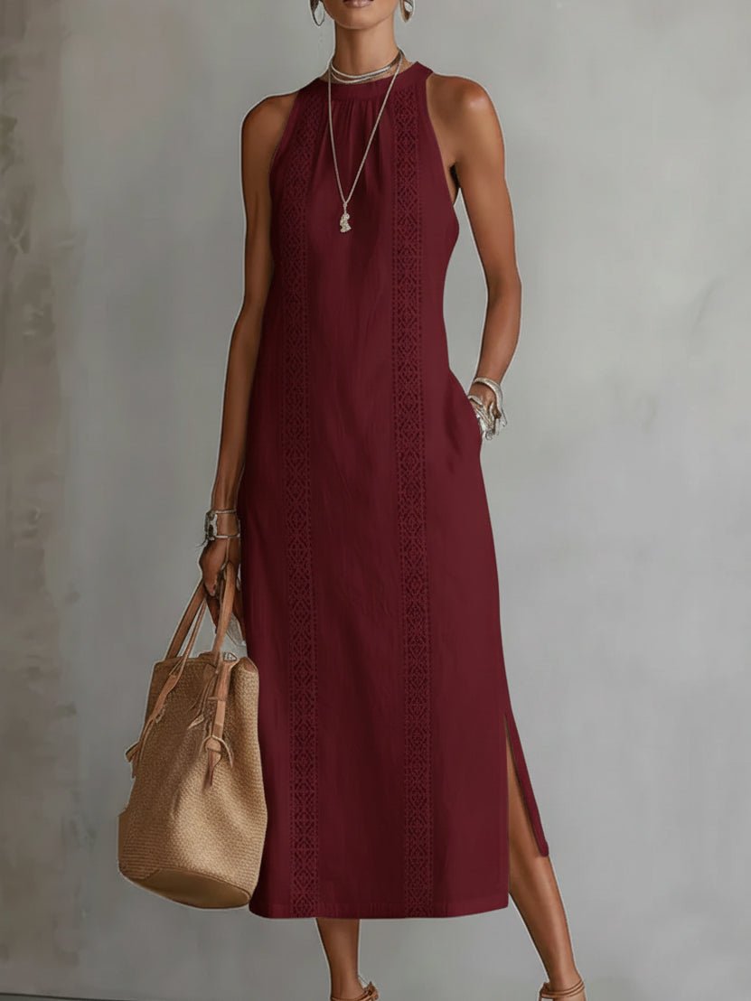 Effortless Linen Lace Maxi Dress for Women with High Neck Sleeveless Crochet Trim Side Slit Bohemian Style
