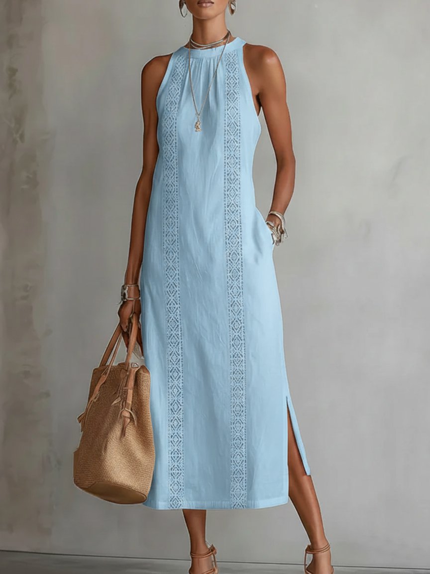 Effortless Linen Lace Maxi Dress for Women with High Neck Sleeveless Crochet Trim Side Slit Bohemian Style