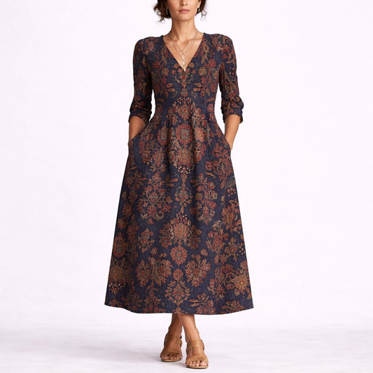 Aria | Elegant Multicolor Floral Autumn Wedding Guest Dress for Women with V Neck Elbow Sleeve Fit And Flare Bohemian Style