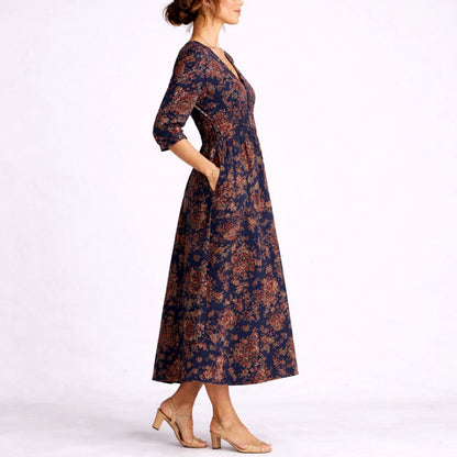 Aria | Elegant Multicolor Floral Autumn Wedding Guest Dress for Women with V Neck Elbow Sleeve Fit And Flare Bohemian Style