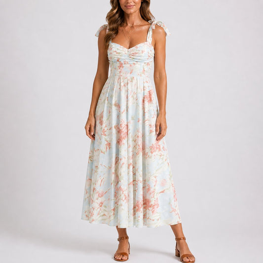 Elegant Floral Autumn Wedding Guest Dress for Women with Sweetheart Neck Tie Strap Ruched Pleated A Line Style