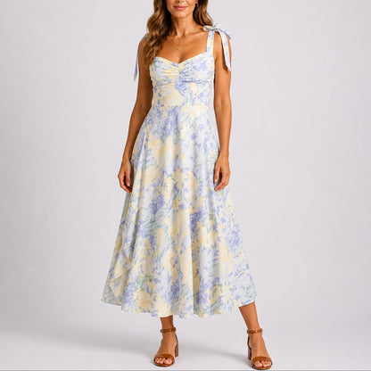 Elegant Floral Autumn Wedding Guest Dress for Women with Sweetheart Neck Tie Strap Ruched Pleated A Line Style