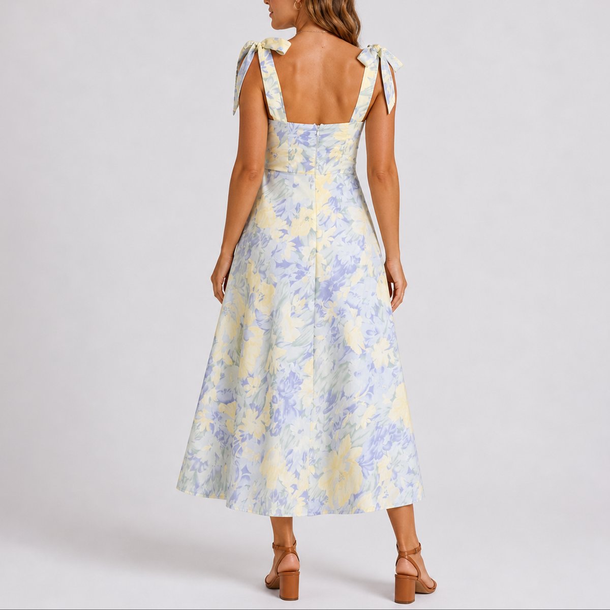 Elegant Floral Autumn Wedding Guest Dress for Women with Sweetheart Neck Tie Strap Ruched Pleated A Line Style