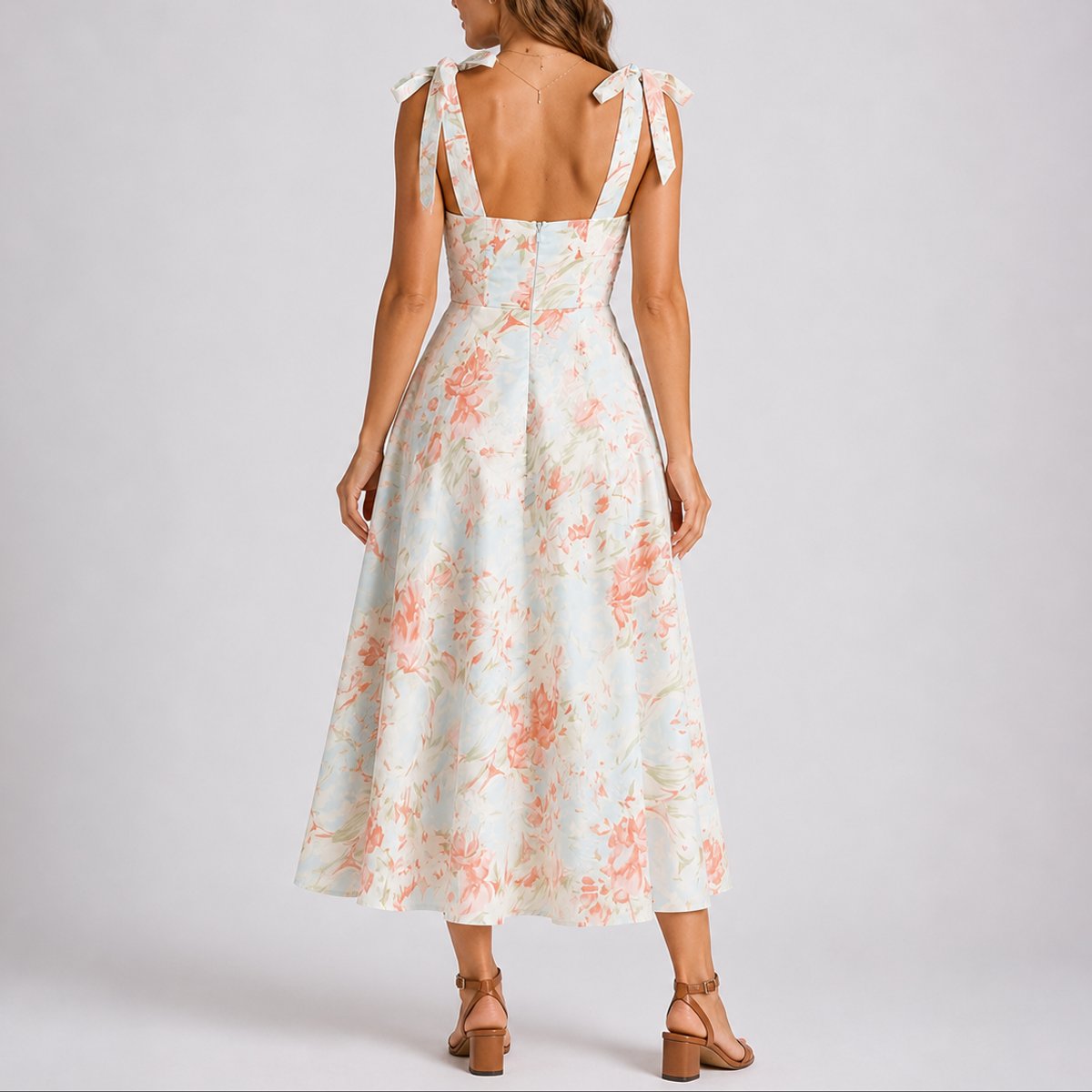 Elegant Floral Autumn Wedding Guest Dress for Women with Sweetheart Neck Tie Strap Ruched Pleated A Line Style