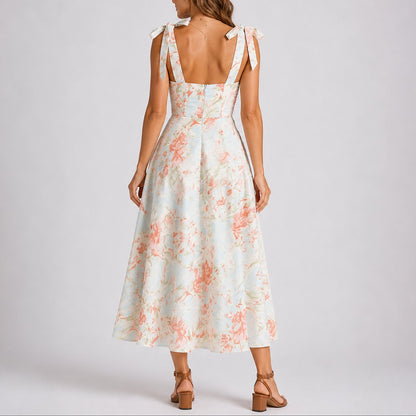 Elegant Floral Autumn Wedding Guest Dress for Women with Sweetheart Neck Tie Strap Ruched Pleated A Line Style