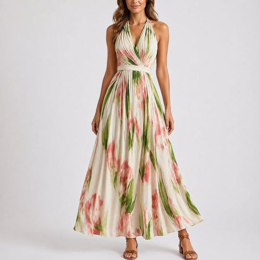 Elegant Floral Autumn Wedding Guest Dress for Women with Halter V Neck Sleeveless Pleated Flowing Style