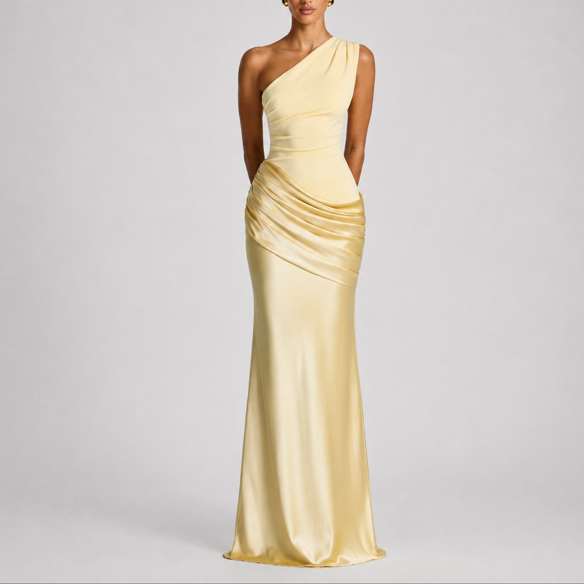Elegant Satin Autumn Wedding Guest Dress for Women with One Shoulder Draped Ruched Mermaid Style