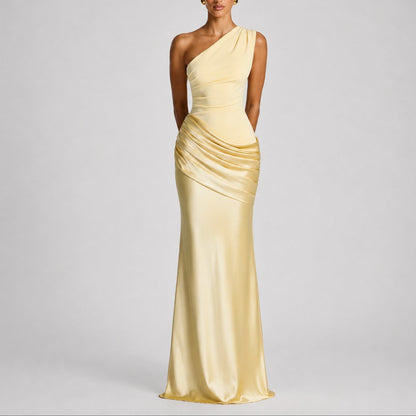 Elegant Satin Autumn Wedding Guest Dress for Women with One Shoulder Draped Ruched Mermaid Style