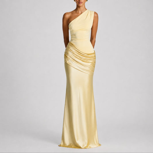 Elegant Satin Autumn Wedding Guest Dress for Women with One Shoulder Draped Ruched Mermaid Style