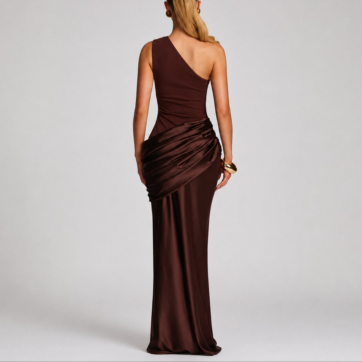 Elegant Satin Autumn Wedding Guest Dress for Women with One Shoulder Draped Ruched Mermaid Style