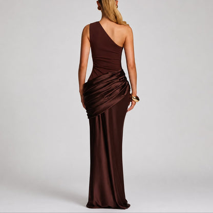 Elegant Satin Autumn Wedding Guest Dress for Women with One Shoulder Draped Ruched Mermaid Style