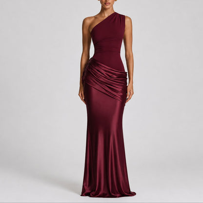 Elegant Satin Autumn Wedding Guest Dress for Women with One Shoulder Draped Ruched Mermaid Style