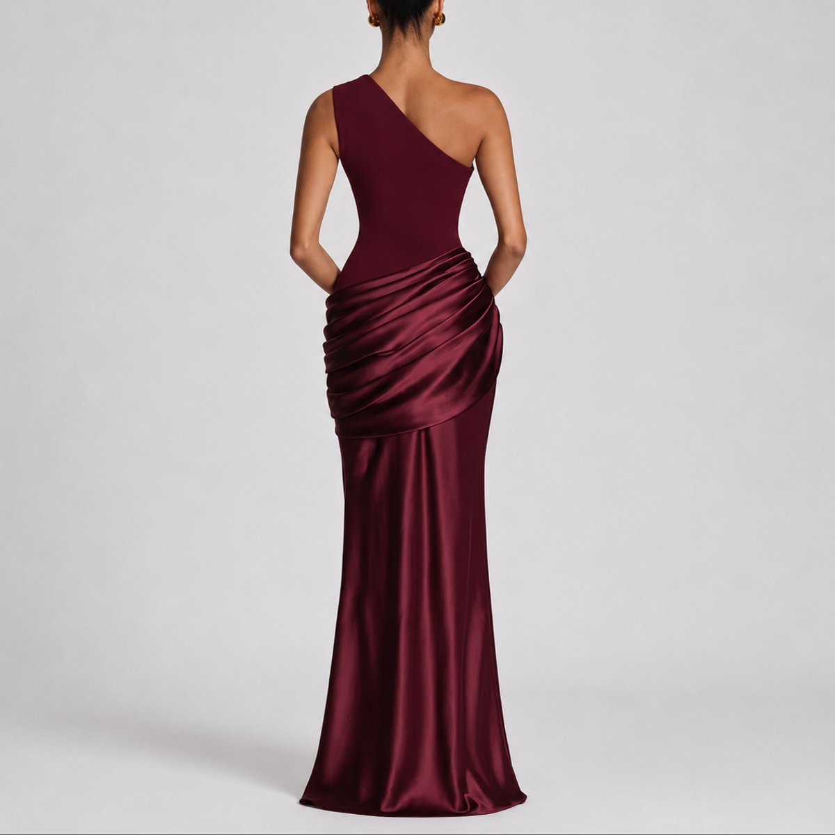 Elegant Satin Autumn Wedding Guest Dress for Women with One Shoulder Draped Ruched Mermaid Style