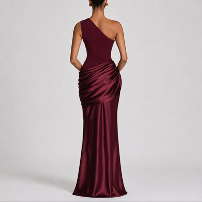 Elegant Satin Autumn Wedding Guest Dress for Women with One Shoulder Draped Ruched Mermaid Style