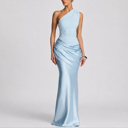 Elegant Satin Autumn Wedding Guest Dress for Women with One Shoulder Draped Ruched Mermaid Style
