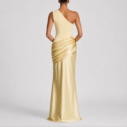 Elegant Satin Autumn Wedding Guest Dress for Women with One Shoulder Draped Ruched Mermaid Style