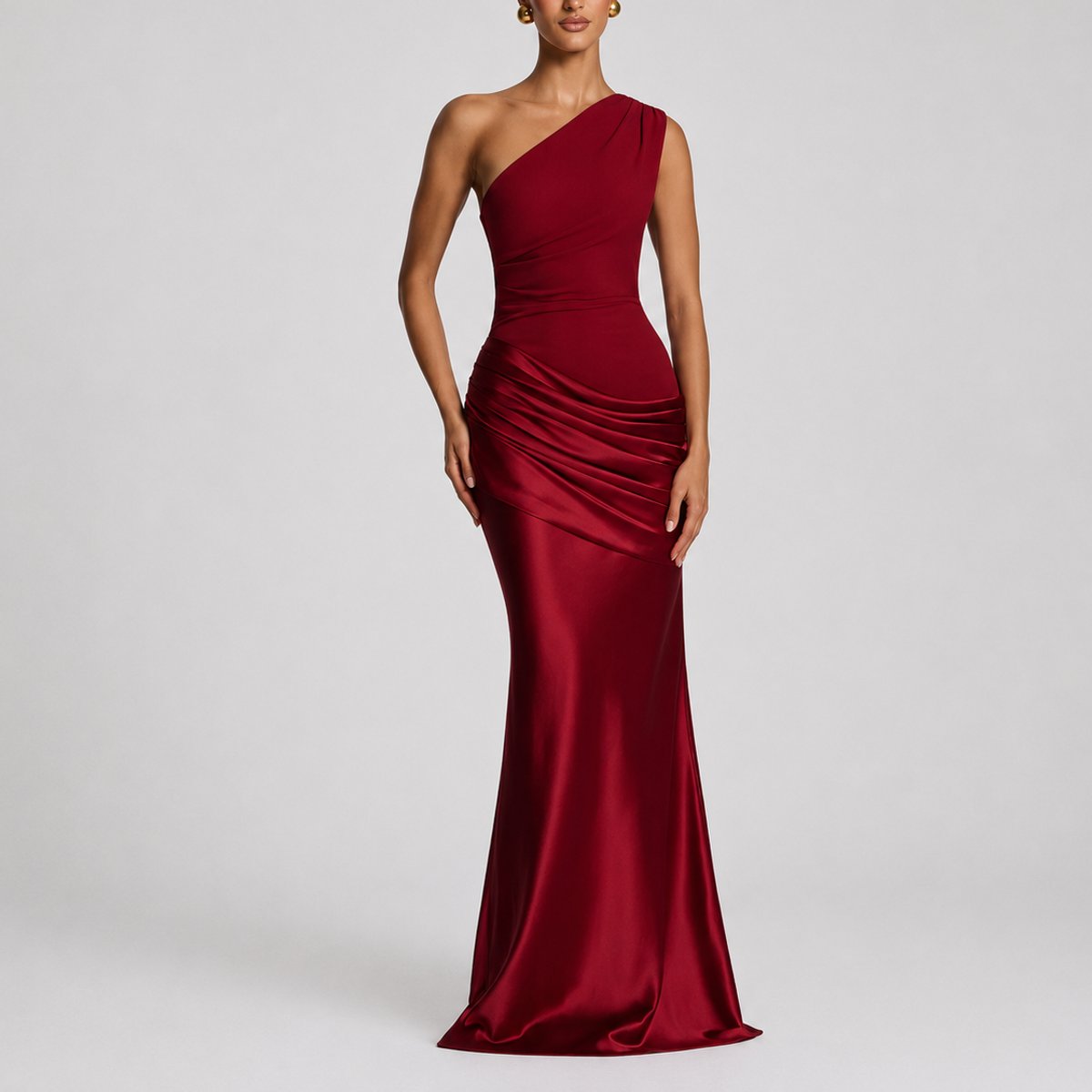 Elegant Satin Autumn Wedding Guest Dress for Women with One Shoulder Draped Ruched Mermaid Style