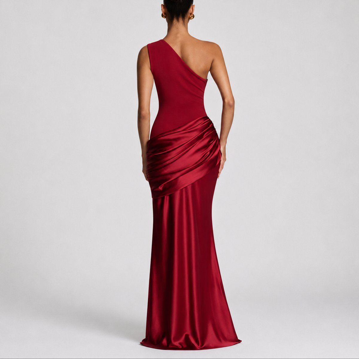 Elegant Satin Autumn Wedding Guest Dress for Women with One Shoulder Draped Ruched Mermaid Style