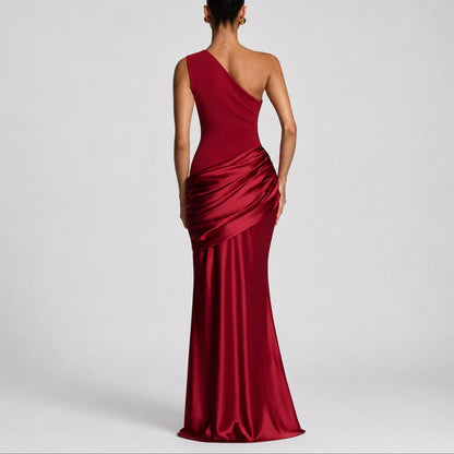 Elegant Satin Autumn Wedding Guest Dress for Women with One Shoulder Draped Ruched Mermaid Style
