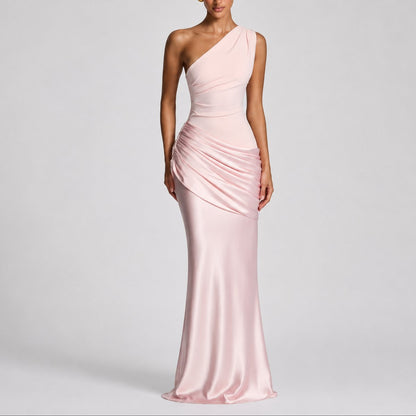 Elegant Satin Autumn Wedding Guest Dress for Women with One Shoulder Draped Ruched Mermaid Style