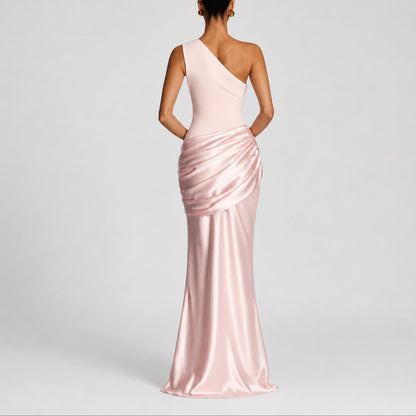 Elegant Satin Autumn Wedding Guest Dress for Women with One Shoulder Draped Ruched Mermaid Style