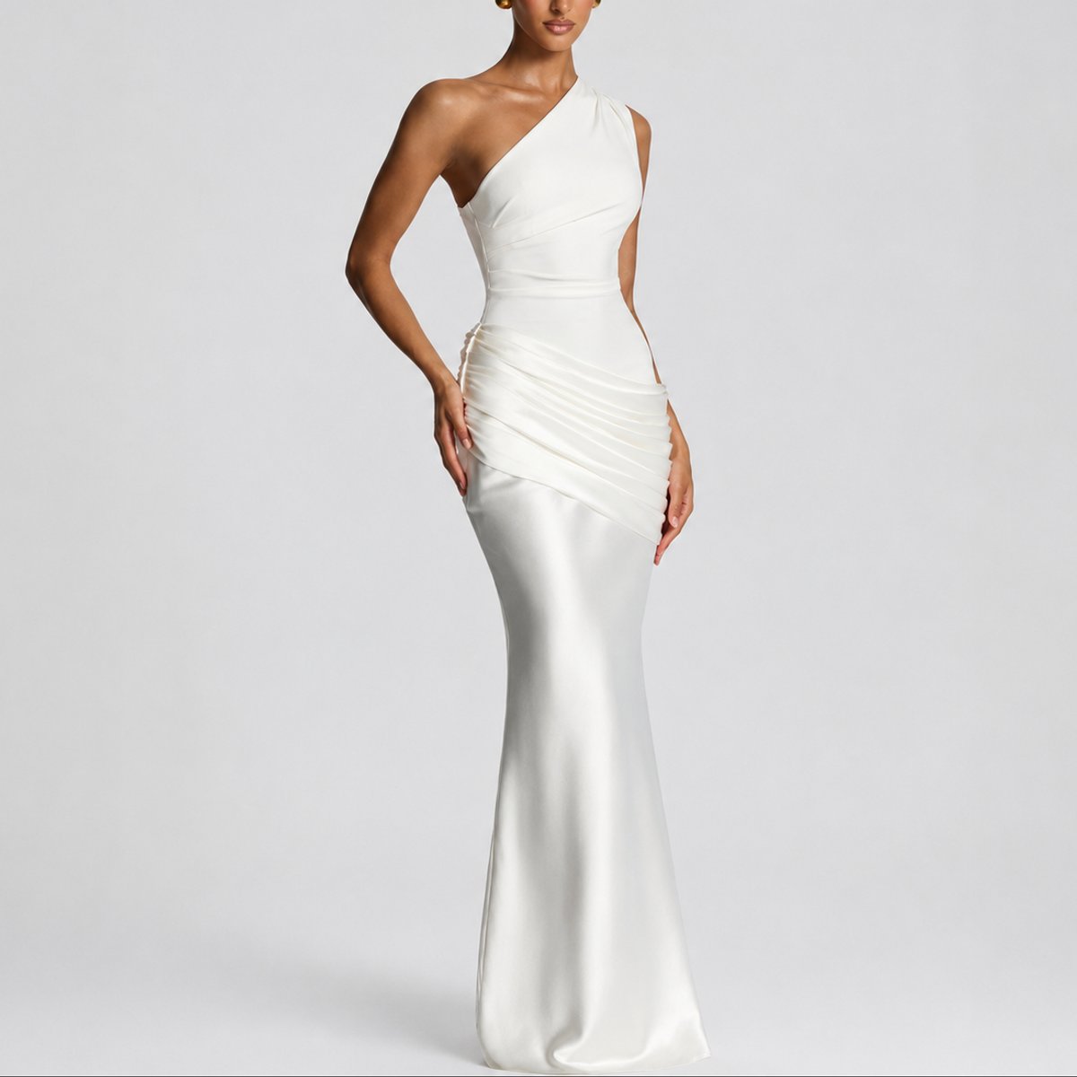 Elegant Satin Autumn Wedding Guest Dress for Women with One Shoulder Draped Ruched Mermaid Style