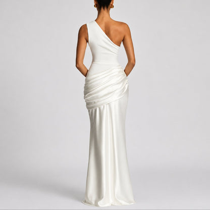 Elegant Satin Autumn Wedding Guest Dress for Women with One Shoulder Draped Ruched Mermaid Style