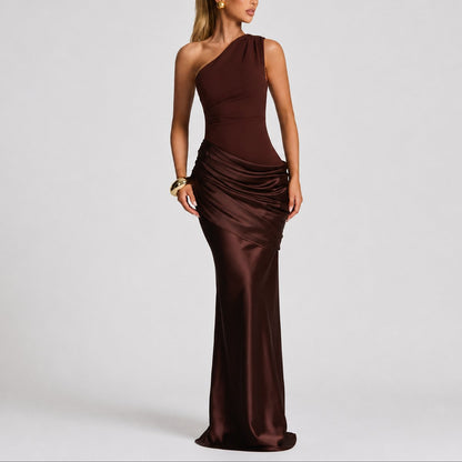 Elegant Satin Autumn Wedding Guest Dress for Women with One Shoulder Draped Ruched Mermaid Style