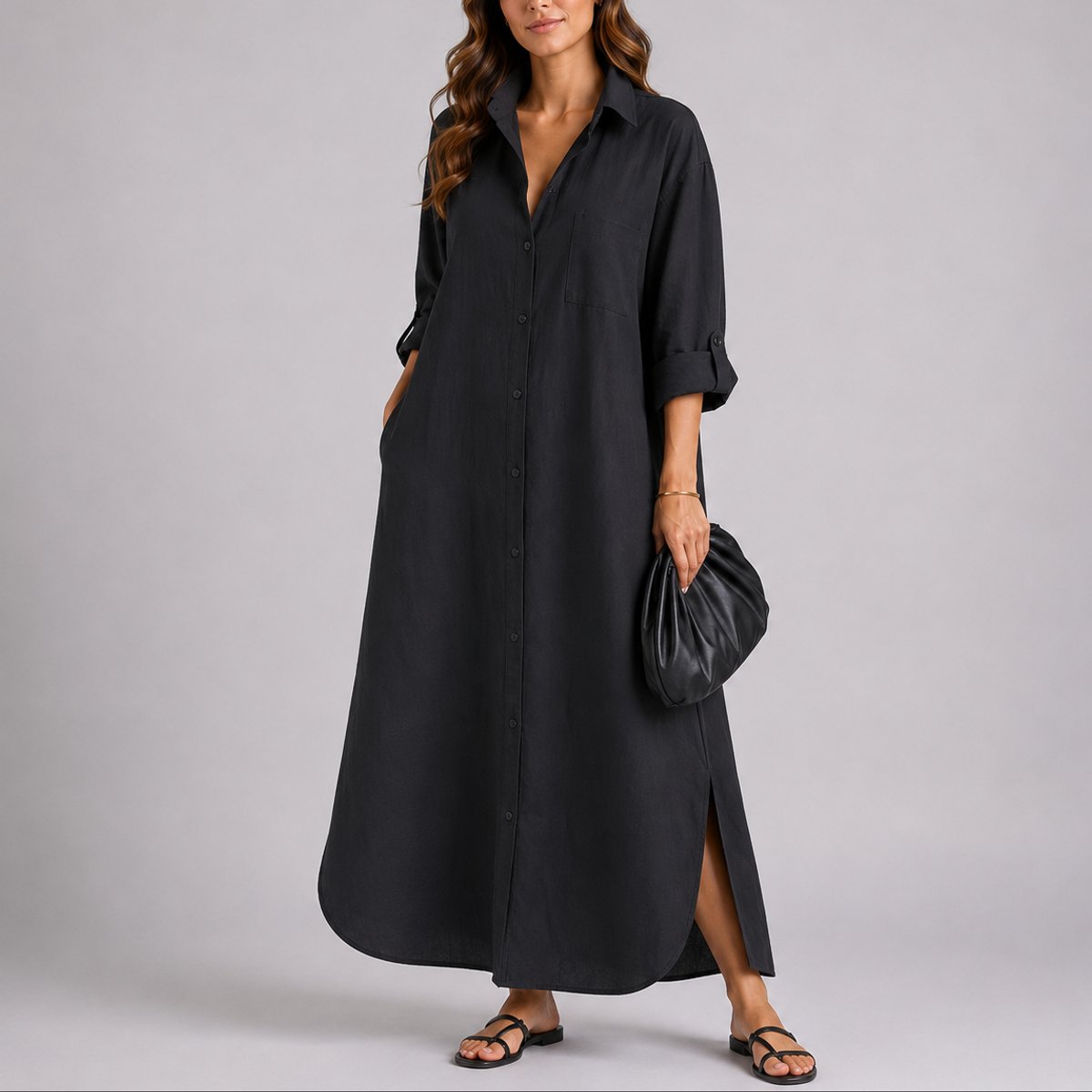 Effortless Linen Autumn Wedding Guest Dress for Women with Collar Long Sleeve Button Front Maxi Relaxed Style